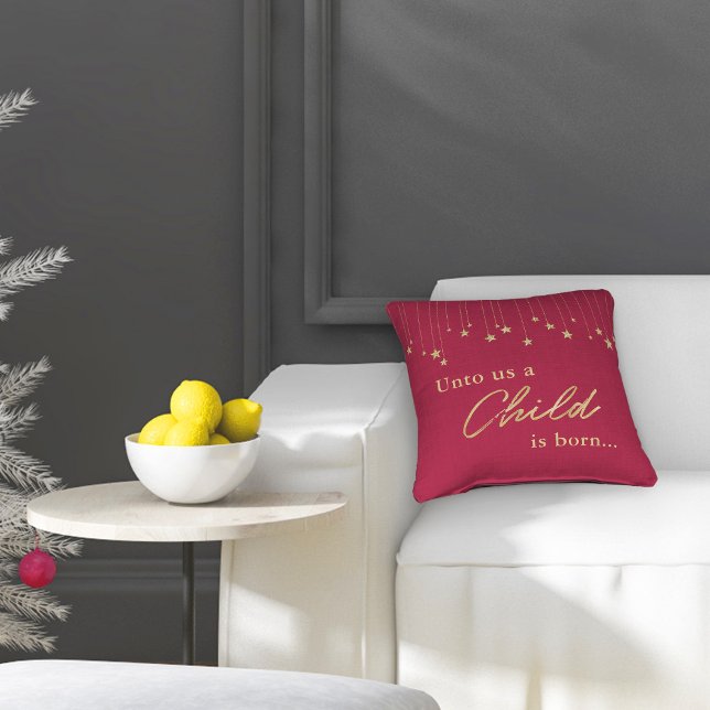 Elegant Burgundy Unto Us Child is Born Christmas Cushion (Creator Uploaded)