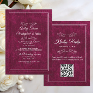 Elegant Burgundy Velvet White QR code Wedding Invitation