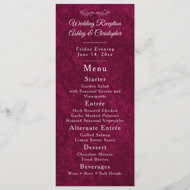 Elegant Burgundy Velvet White Wedding Reception  Menu (Front)