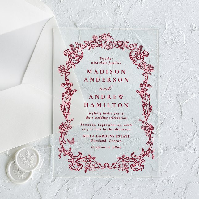 Elegant Burgundy Victorian Floral Frame Wedding Acrylic Invitations (Creator Uploaded)
