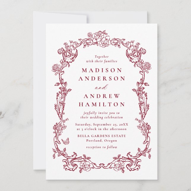 Elegant Burgundy Victorian Floral Frame Wedding Invitation (Front)
