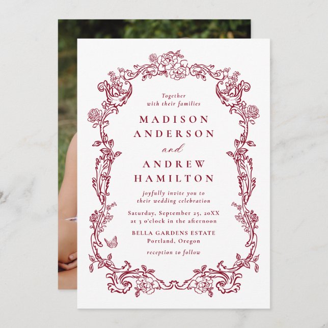 Elegant Burgundy Victorian Floral Frame Wedding Invitation (Front/Back)