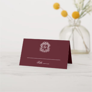 Elegant Burgundy Vintage Crest Monogram Wedding Place Card