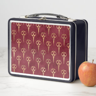 Elegant Burgundy Vintage Golden Scissors Haircut Metal Lunch Box