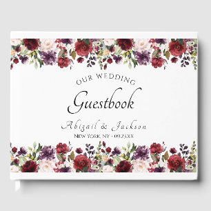 Elegant Burgundy Violet Floral Wedding Monogram Guest Book