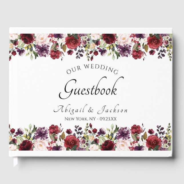 Elegant Burgundy Violet Floral Wedding Monogram Guest Book (Front)