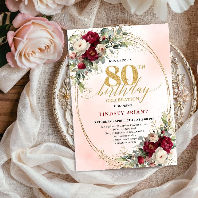 Elegant Burgundy Watercolor Floral 80th Birthday  Invitation (Elegant Burgundy Watercolor Floral 80th Birthday Invite)