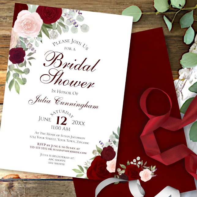 Elegant Burgundy Watercolor Floral Bridal Shower Invitation (Creator Uploaded)