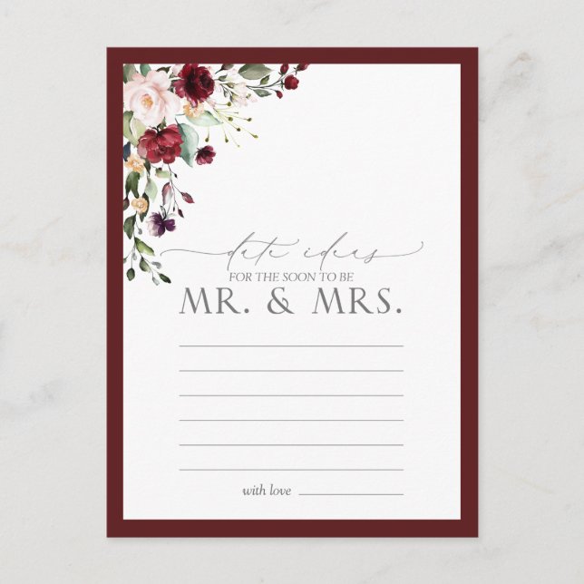 Elegant Burgundy Watercolor Floral Date Ideas Postcard (Front)
