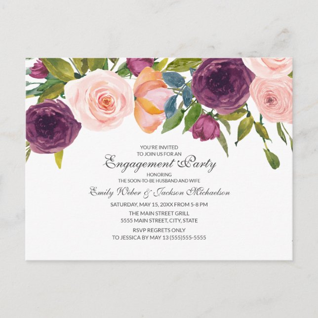 Elegant Burgundy Watercolor Floral Engagement Postcard (Front)