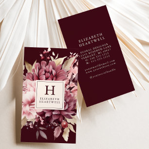 Elegant Burgundy Watercolor Floral Monogram Business Card