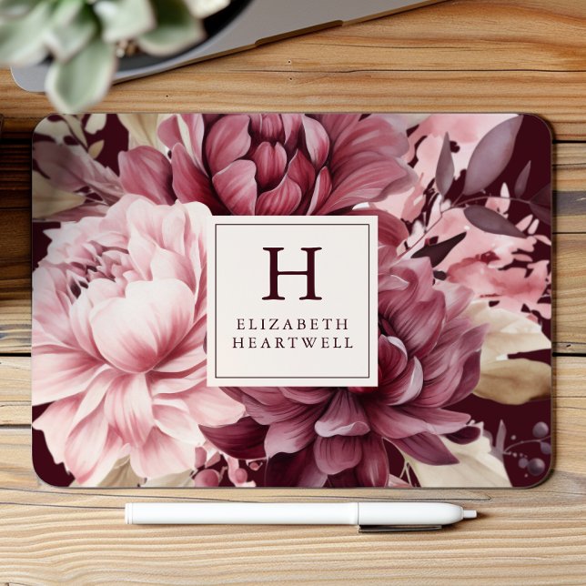 Elegant Burgundy Watercolor Floral Monogram Mouse Mat (Creator Uploaded)