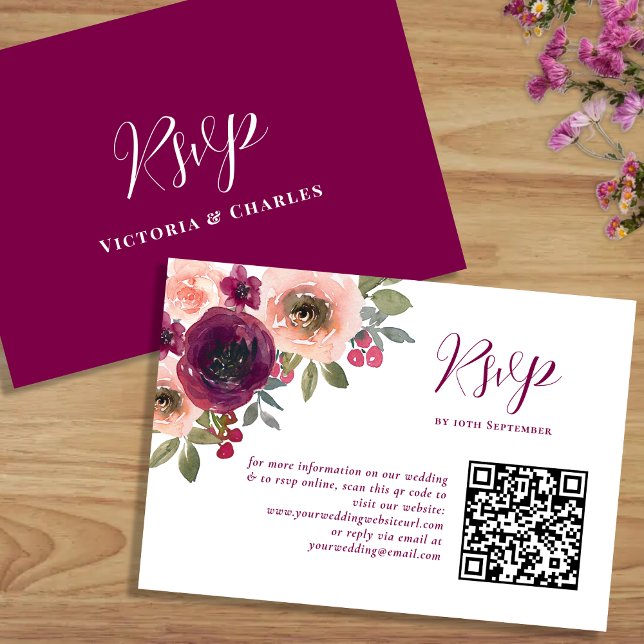 Elegant Burgundy Watercolor Floral Qr code RSVP Card (Creator Uploaded)