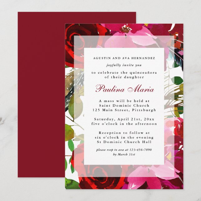 Elegant Burgundy Watercolor Floral Quinceañera Invitation (Front/Back)