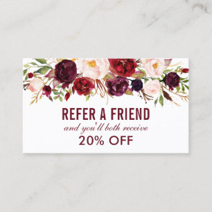 Elegant Burgundy Watercolor Floral Referral Business Card