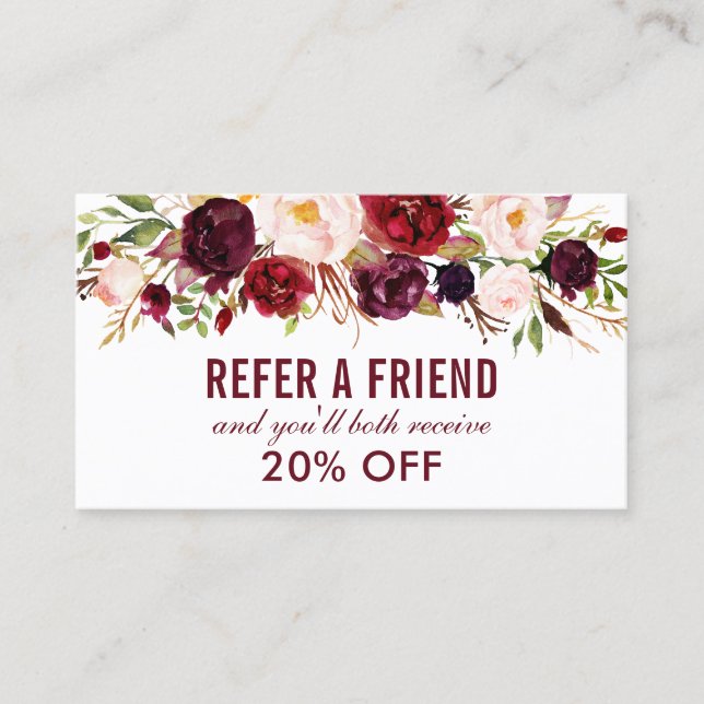 Elegant Burgundy Watercolor Floral Referral Business Card (Front)