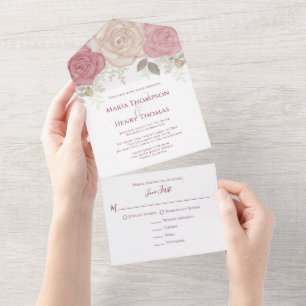 Elegant Burgundy Watercolor Floral Rose Gold All In One Invitation