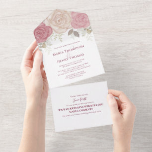 Elegant Burgundy Watercolor Floral Rose Gold All In One Invitation