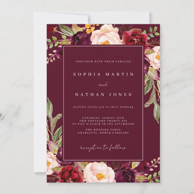 Elegant Burgundy Watercolor Floral Wedding Invitation (Front)