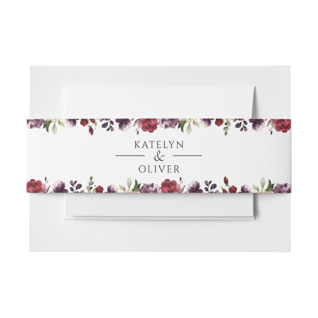 Elegant Burgundy Watercolor Floral Wedding Invitation Belly Band (Front Example)