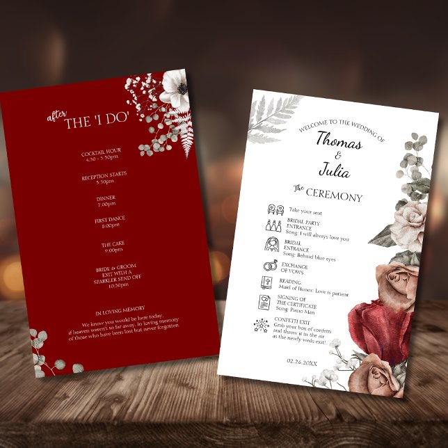 Elegant Burgundy Watercolor Floral Wedding Program (Elegant Burgundy Watercolor Floral Wedding Program)