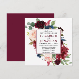 Elegant Burgundy Watercolor Floral Wedding Sq Invitation