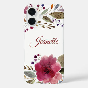 Elegant Burgundy Watercolor Flowers Monogram iPhone 16 Case