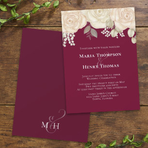 Elegant Burgundy Watercolor Ivory Floral Foliage Invitation