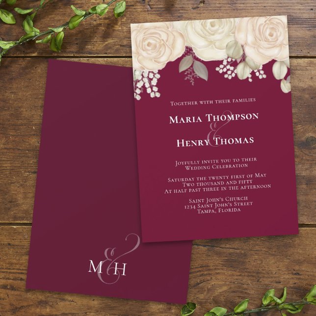 Elegant Burgundy Watercolor Ivory Floral Foliage  Invitation (Creator Uploaded)