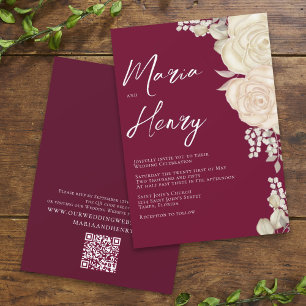 Elegant Burgundy Watercolor Ivory Floral QR Code Invitation