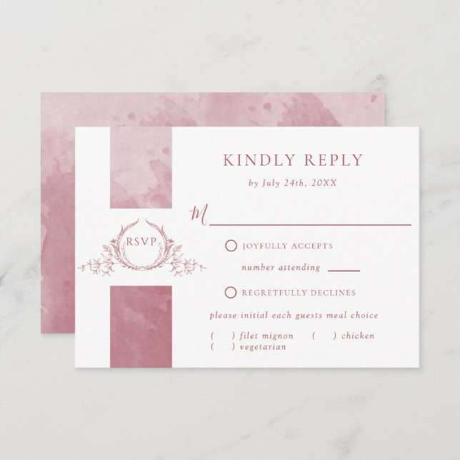 Elegant Burgundy Watercolor Wedding Monogram RSVP (Front/Back)