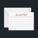 Elegant Burgundy Wedding Bucket List Advice Cards<br><div class="desc">These charming wedding bucket list cards will be a perfect alternative to a traditional guest book. You'll have all the guests talking about the best ideas for the newlyweds to visit or do. These burgundy cards feature the words "bucket list Help us plan a lifetime of adventures" and includes space...</div>