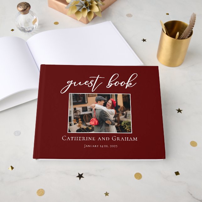 Elegant Burgundy Wedding Couple Photo Guest Book (Front Open)