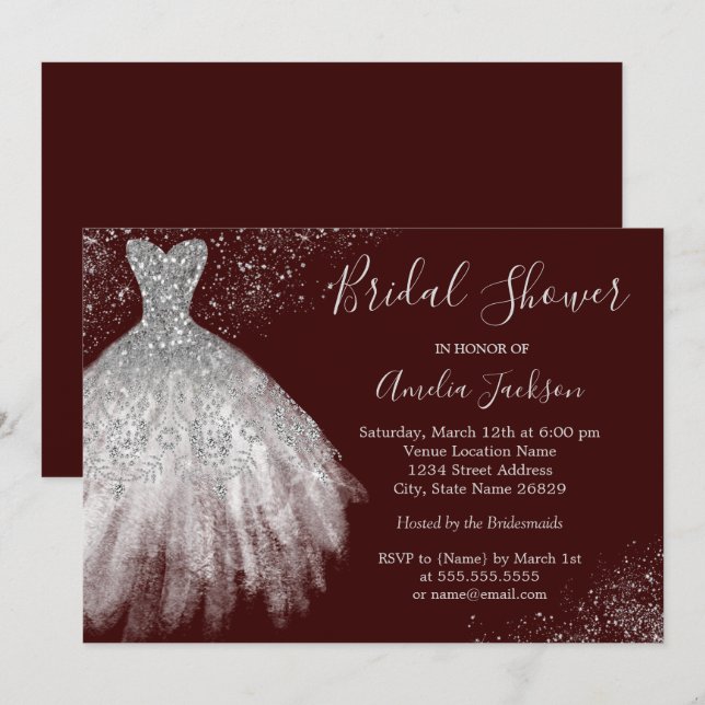Elegant Burgundy Wedding Gown Bridal Shower Invitation (Front/Back)