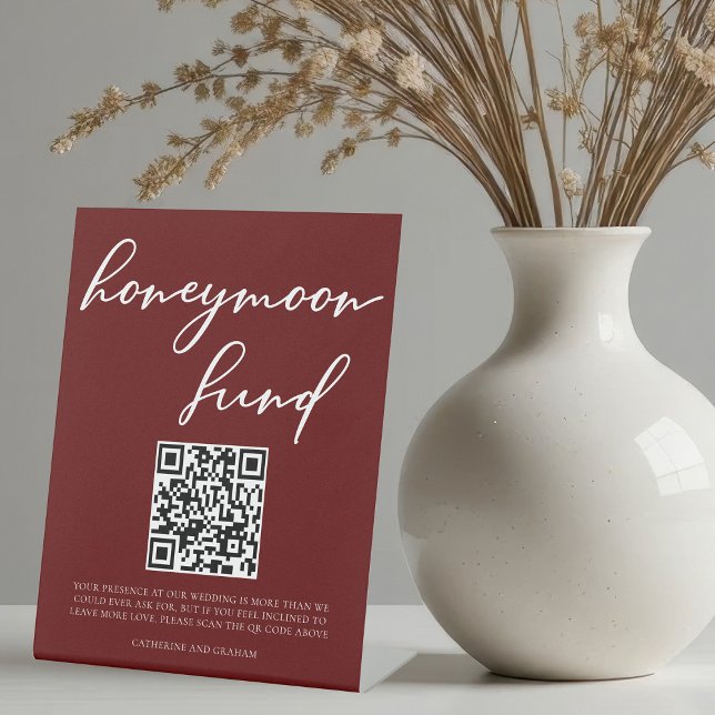 Elegant Burgundy Wedding Honeymoon Fund QR Code Pedestal Sign (Creator Uploaded)