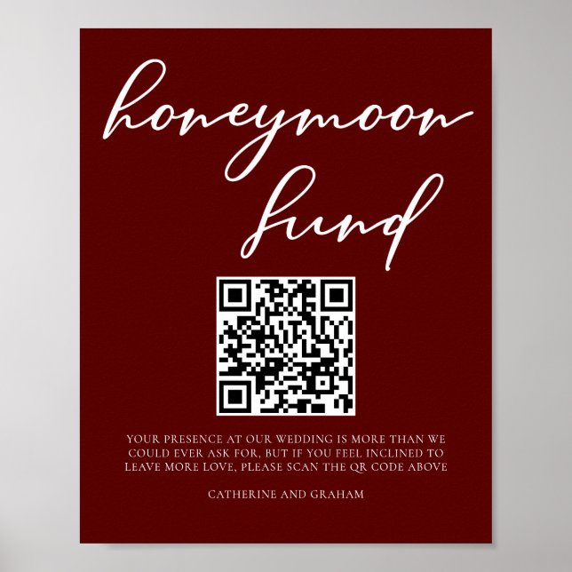 Elegant Burgundy Wedding Honeymoon Fund QR Code Poster (Front)