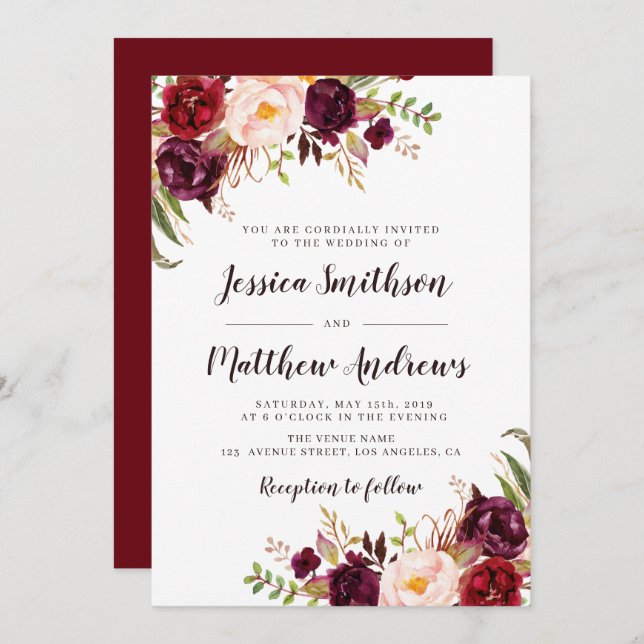 Elegant burgundy wedding invitation (Front/Back)