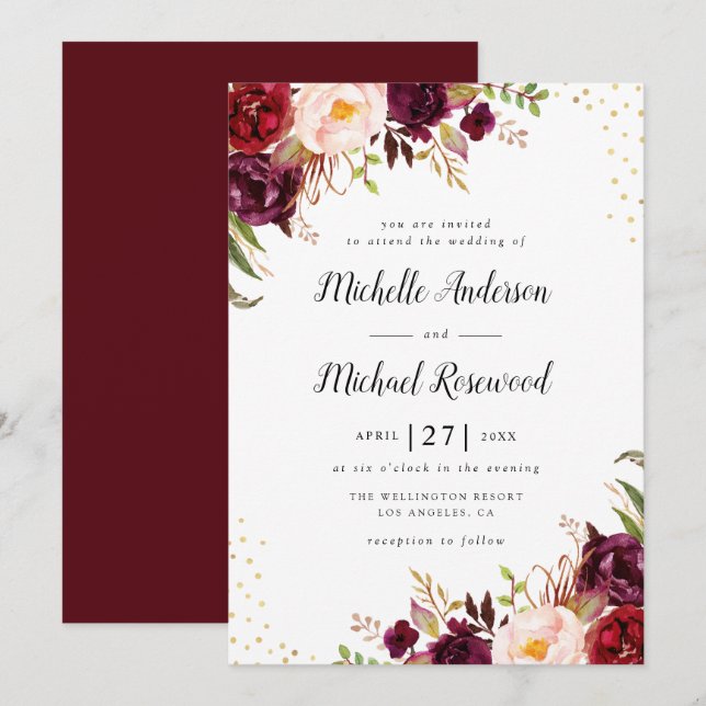 elegant burgundy wedding invitation (Front/Back)