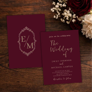 Elegant Burgundy Wedding Luxury Gold Monogram Invitation