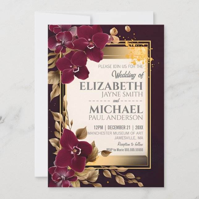 Elegant Burgundy Wedding Orchid Blooms Gold Leaves Invitation (Front)