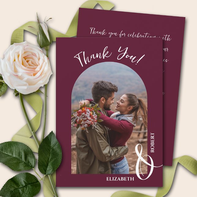 Elegant Burgundy Wedding Photo Thank You Card (Creator Uploaded)