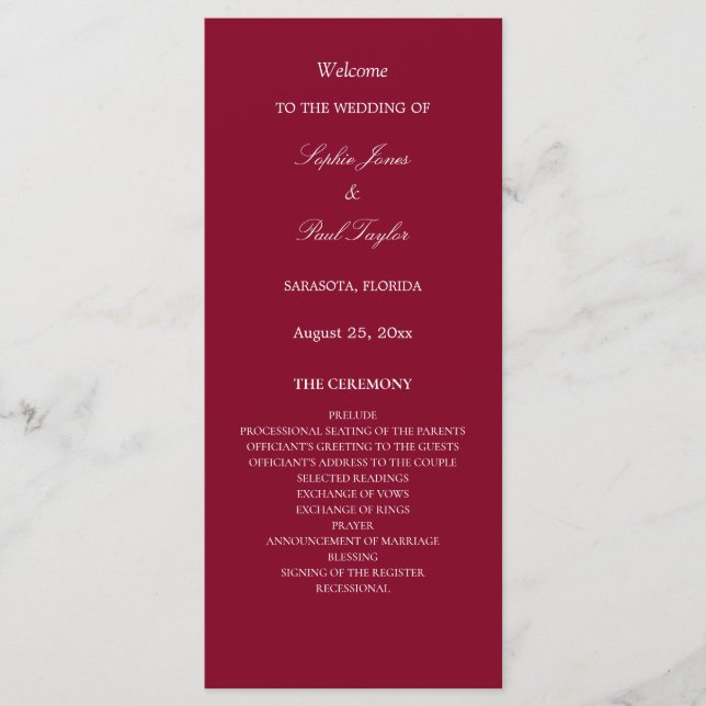 Elegant Burgundy Wedding Program (Front)