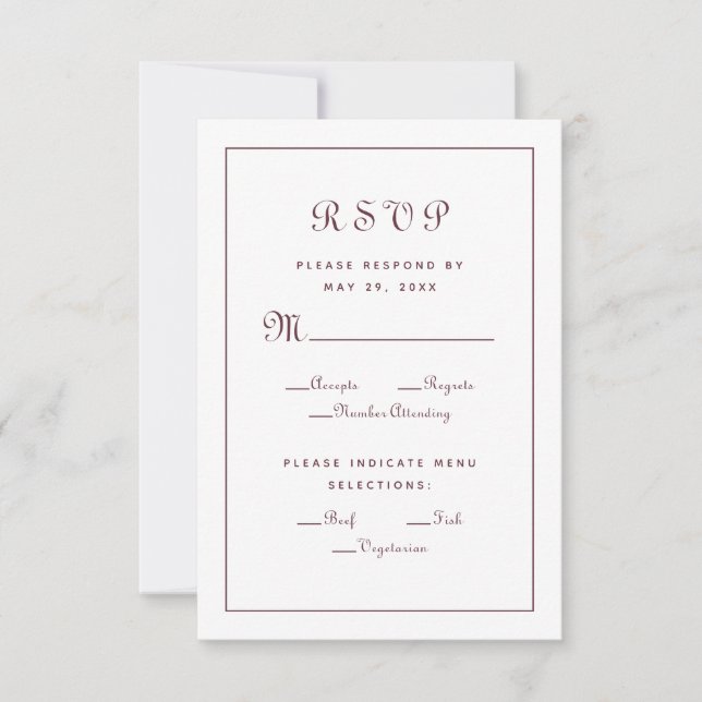 Elegant Burgundy Wedding Reception Meal Choice RSVP Card (Front)