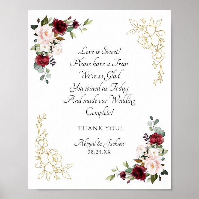 Elegant Burgundy  Wedding Reception Treat Sign (Front)