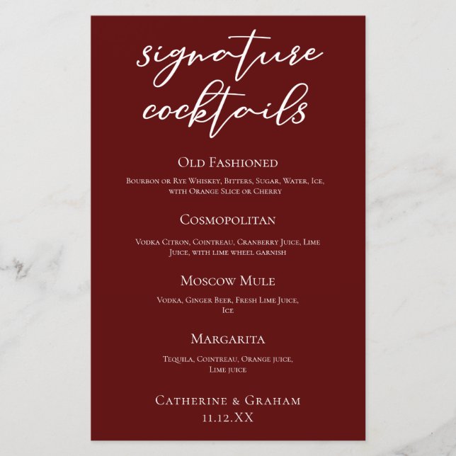 Elegant Burgundy Wedding Signature Cocktails Menu (Front)