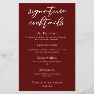 Elegant Burgundy Wedding Signature Cocktails Menu