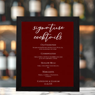 Elegant Burgundy Wedding Signature Cocktails Menu Poster