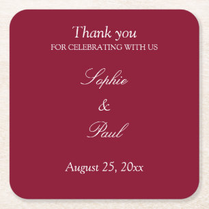 Elegant Burgundy Wedding Thank You Square Paper Coaster