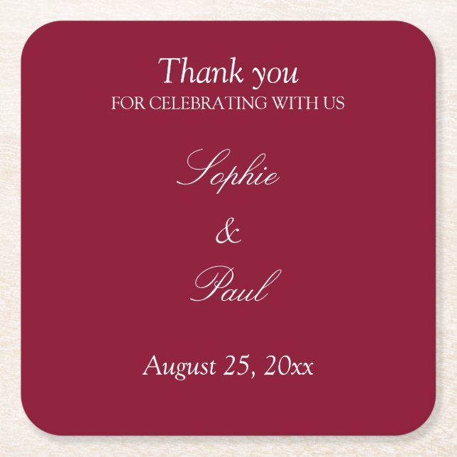 Elegant Burgundy Wedding Thank You Square Paper Coaster (Front)