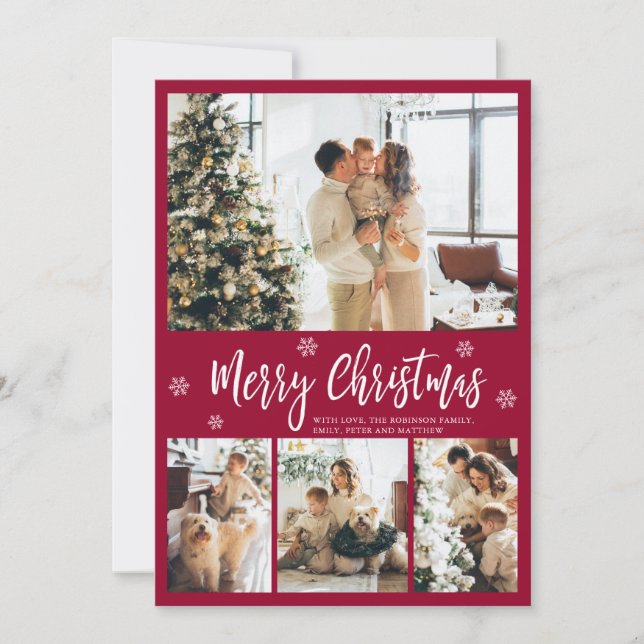 Elegant Burgundy White 4 Photo Collage Christmas Holiday Card (Front)